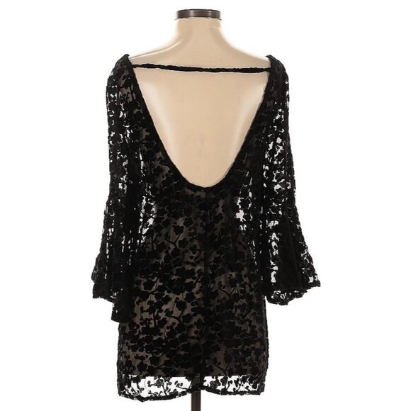 Gypsy Junkies x Free People Black Floral Lace & Velvet Bell Slv Tunic Mini Dress - Picture 6 of 13